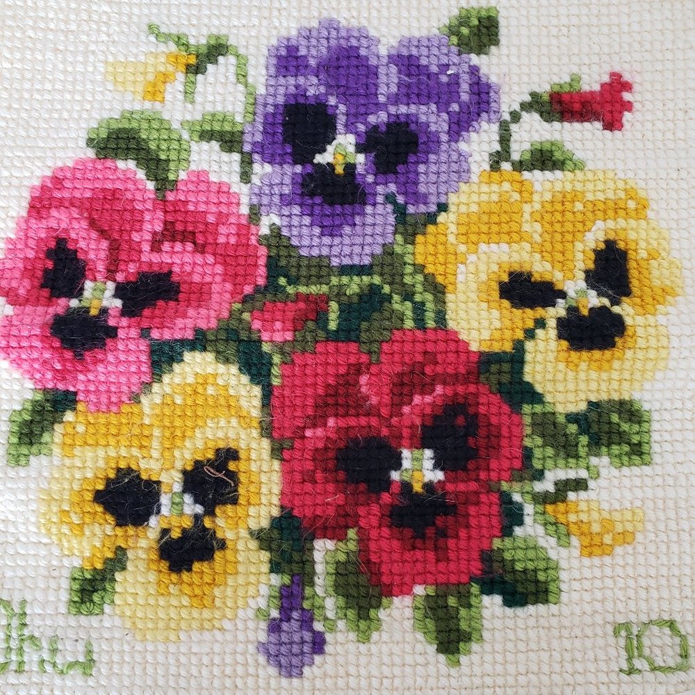 Vintage Completed Pillow Top 16x16 Needlepoint Needlework Pansy Flowers